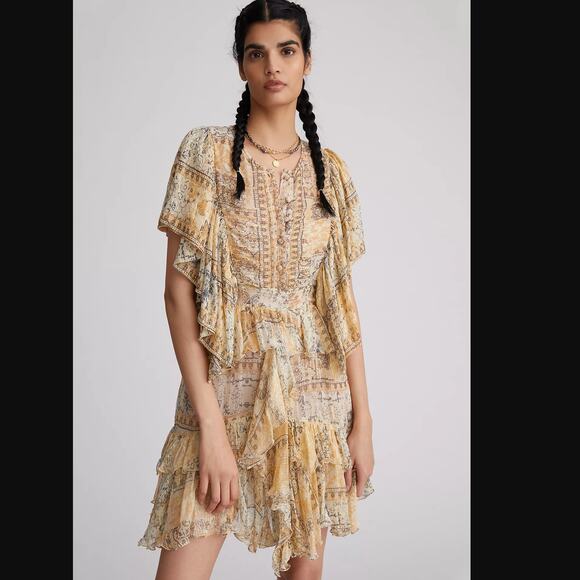 NWT Mes Demoiselles Ruffled Shimmer Boho Mini Dress - Size 4 - Picture 2 of 7